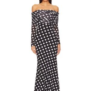 Elegant Black and White Polka Dot Off-Shoulder Dress